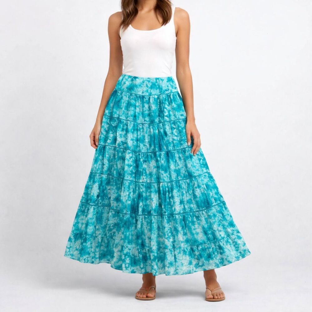 Jones NY Boho Tiered Maxi Skirt Womens 8 Turquoise Batik Tie Dye Peasant Cotton